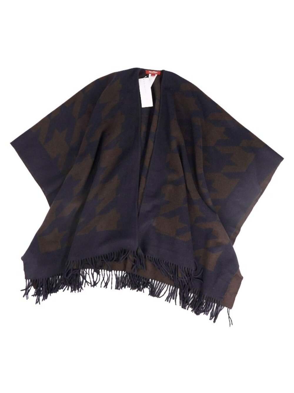 Max Mara Studio Coat Long Poncho Cape Wool Fringe Plaid Navy Brown